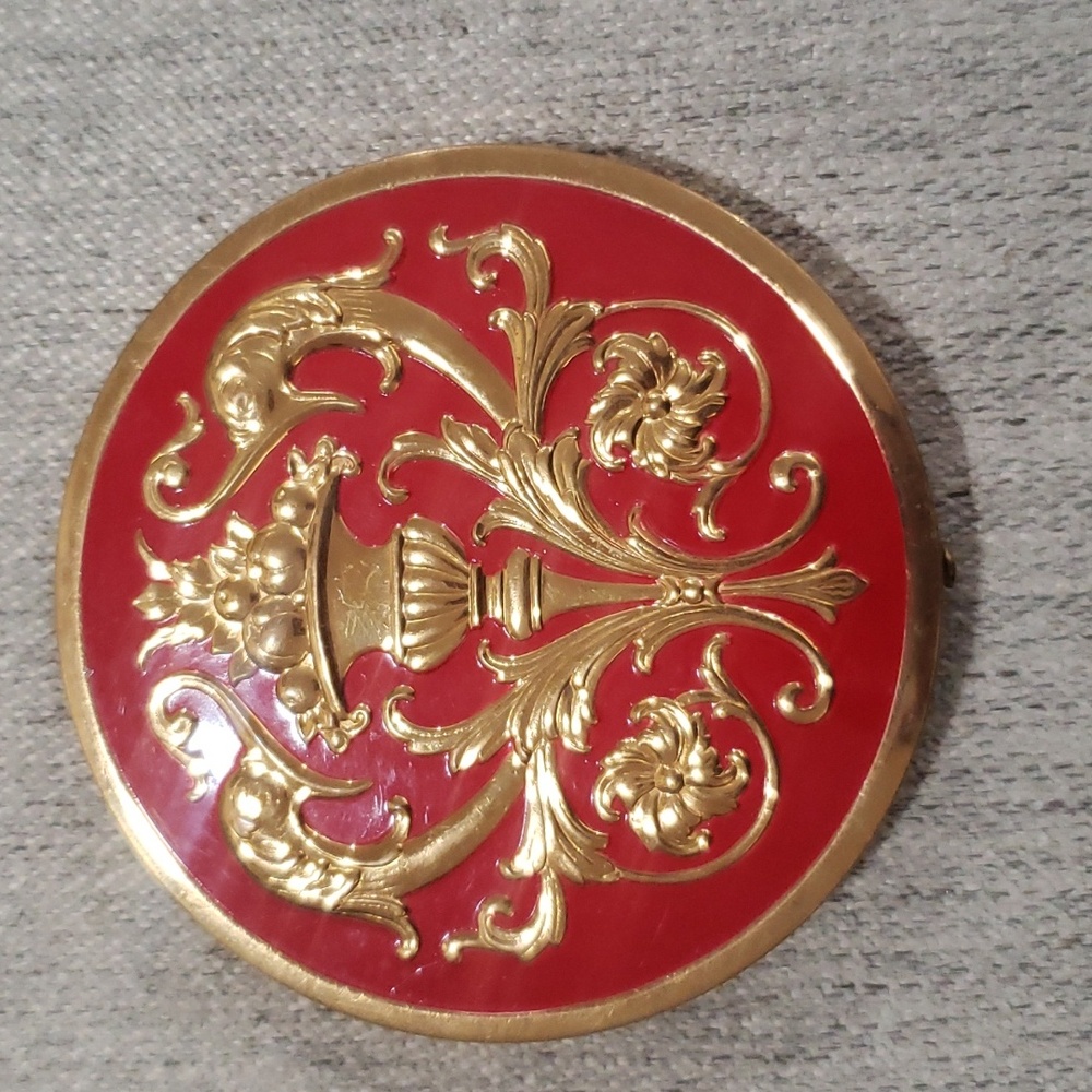 Rex Fifth Avenue Gold Tone Vintage Floral Pattern Mirrored Powder Large Compact